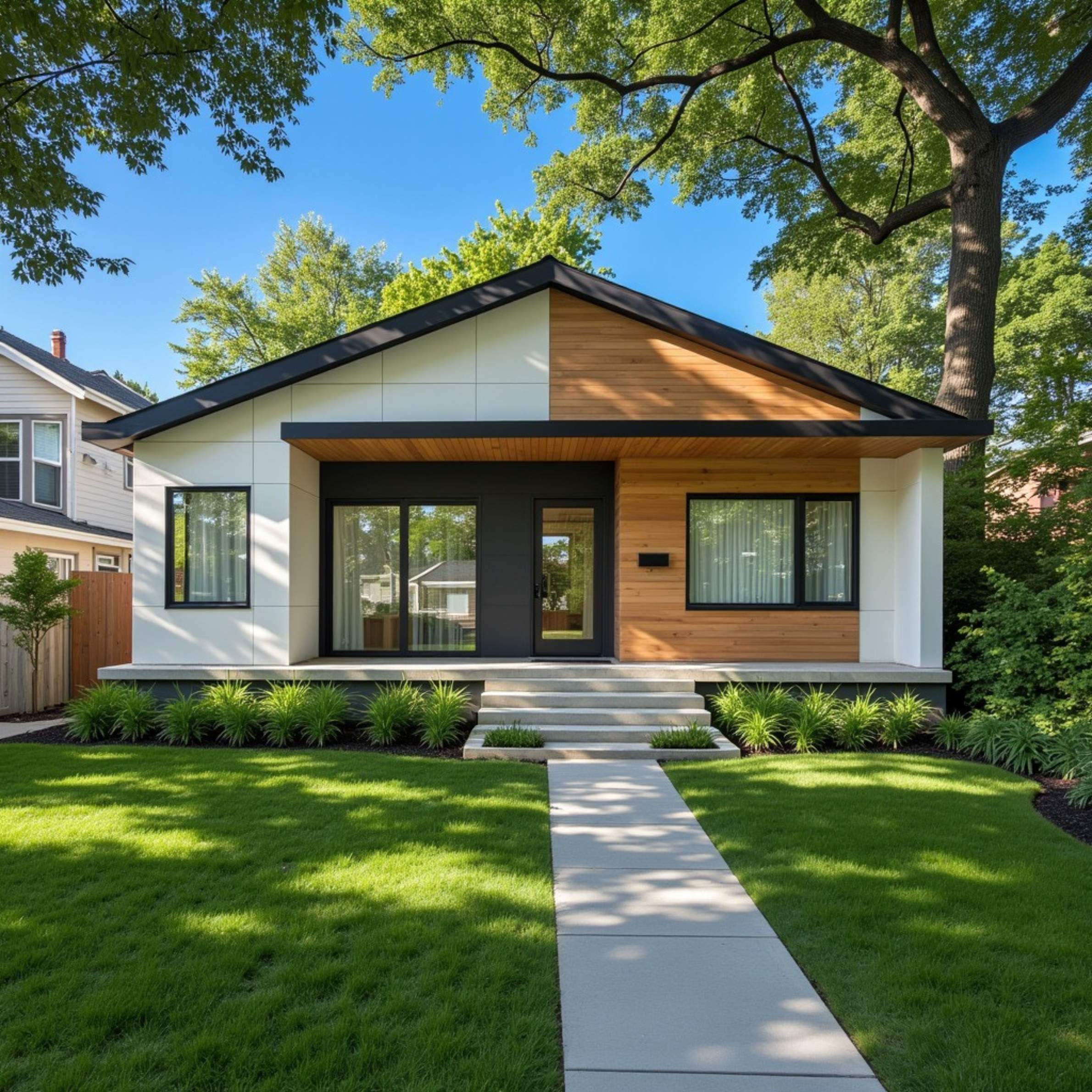 1000 sq ft 2 bed 2 bath ADU exterior with decorative wood and white tile accents
