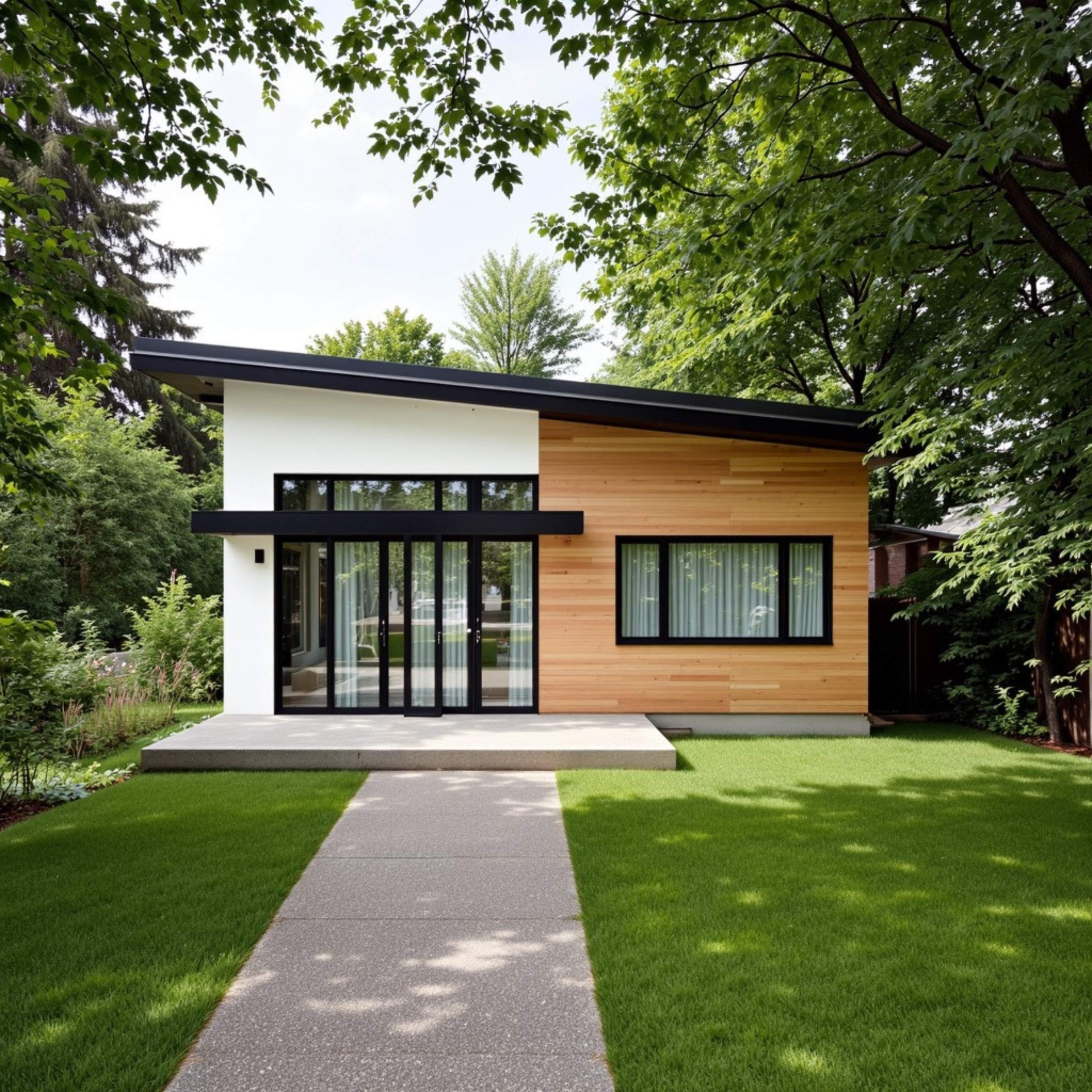 800 sq ft 2 bed 1 bath detached ADU exterior with wood accent