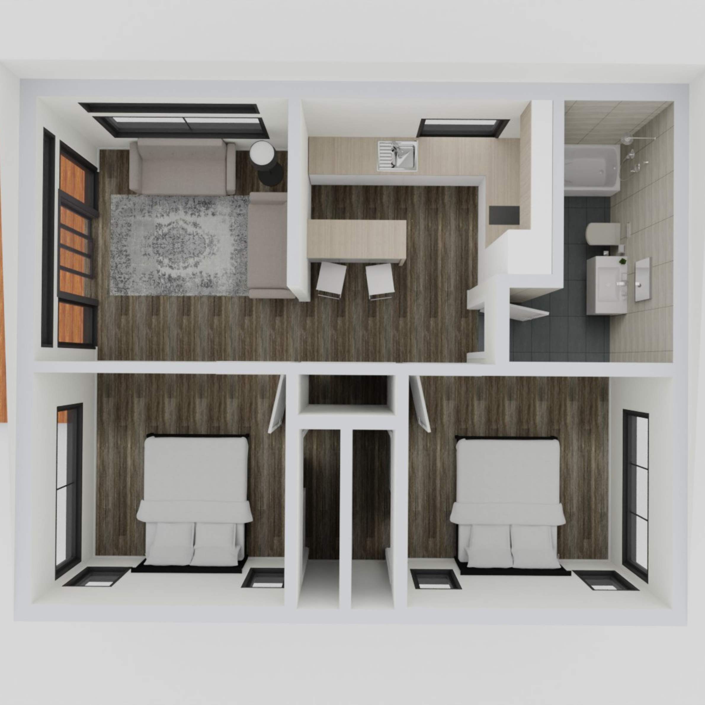 800 sq ft 2 bed 1 bath detached ADU floor plan