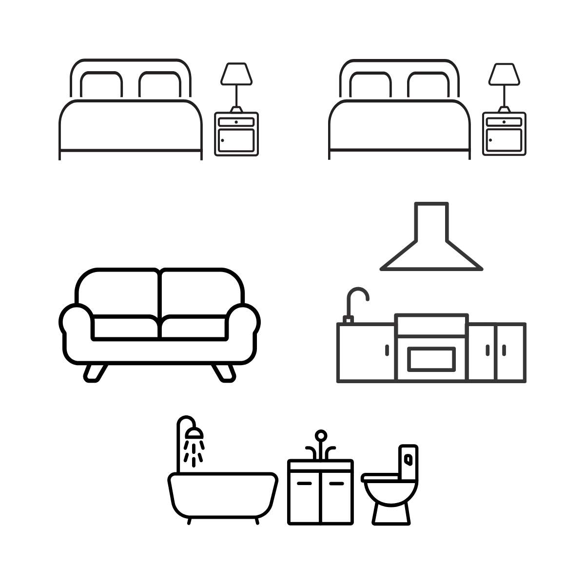 two bedroom one bathroom icons